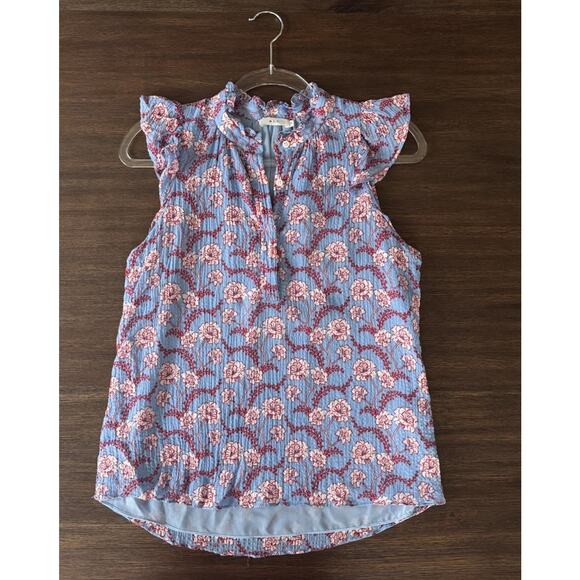 Dainty Silk Floral Print Blouse Half Button Down Blue Red Women’s Size 2 A.L.C. - Picture 2 of 10